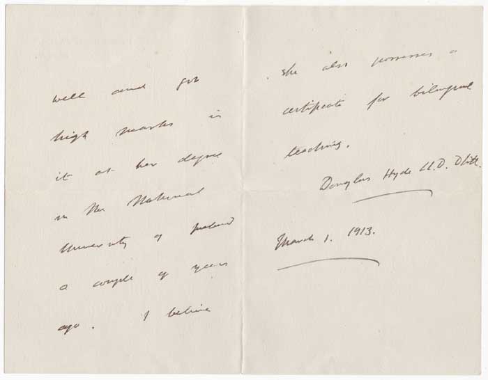 1913 DOUGLAS HYDE LETTER by Douglas Hyde (1860-1949) at Whyte's Auctions
