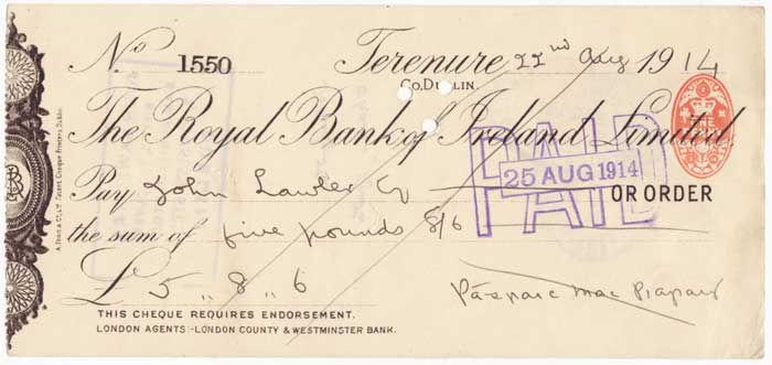 1914 (22 August) P�draig Pearse cheque by Padraig Pearse (1879-1916) at Whyte's Auctions