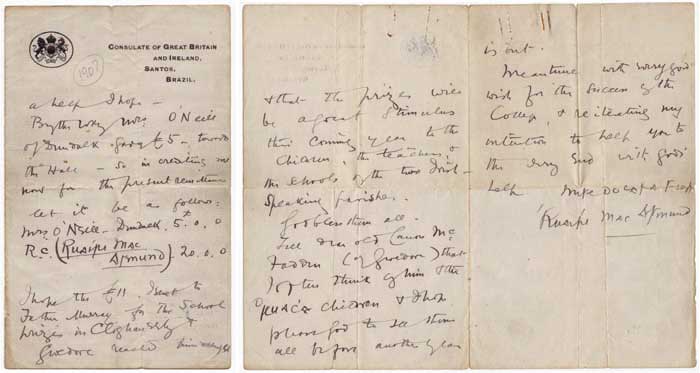 ROGER CASEMENT LETTER TO DONEGAL SCHOOL PRINCIPAL by Roger Casement (1864-1916) at Whyte's Auctions