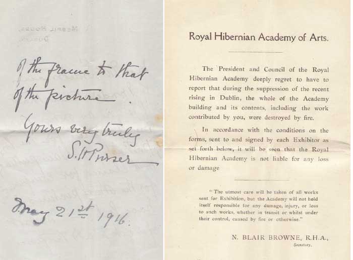 1916 RISING: DESTRUCTION OF THE ROYAL HIBERNIAN ACADEMY - LETTER FROM SARAH PURSER TO AN OWNER at Whyte's Auctions