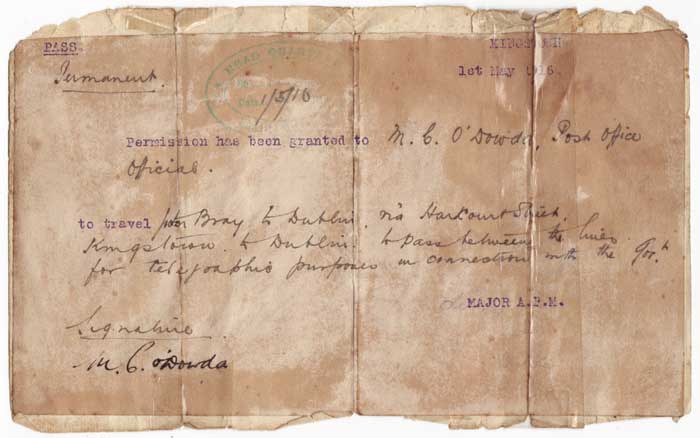1916 RISING: MILITARY PASS TO POST OFFICE OFFICIAL at Whyte's Auctions