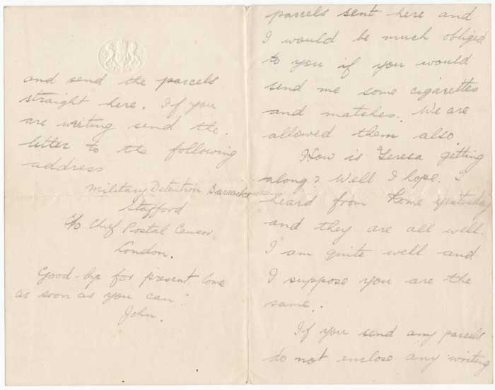 1916-17 PRISONERS CORRESPONDENCE INCLUDING STAFFORD MILITARY DETENTION BARRACKS at Whyte's Auctions