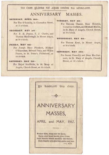1917 (April/May) ANNIVERSARY MASSES FOR EXECUTED LEADERS OF THE 1916 RISING at Whyte's Auctions