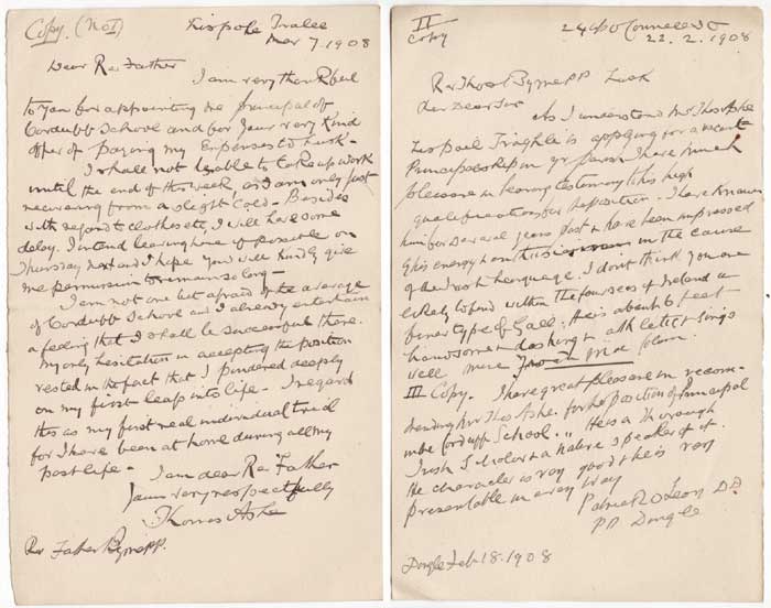 1908 (7 November) LETTER TO REV. FATHER BYRNE, plus other letters by Thomas Ashe (1885-1917) at Whyte's Auctions