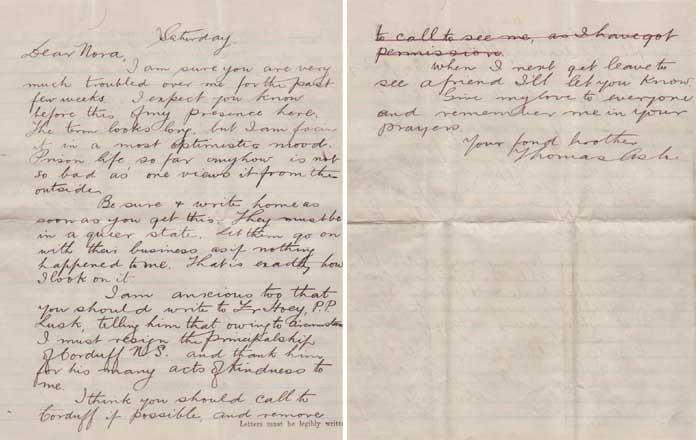 1916 (13 May) THOMAS ASHE LETTER FROM MOUNTJOY PRISON TO HIS SISTER by Thomas Ashe (1885-1917) at Whyte's Auctions