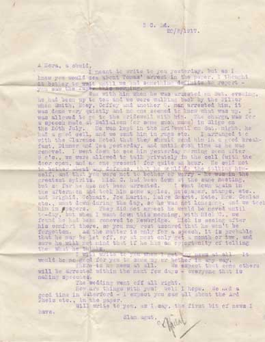 1917 (20 August) LETTER FROM "MICHEAL" TO NORA ASHE giving details of Thomas Ashe's arrest by Thomas Ashe (1885-1917) at Whyte's Auctions