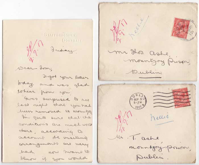 1917 (September 2-9) CORRESPONDENCE TO THOMAS ASHE AT MOUNTJOY PRISON, DUBLIN by Thomas Ashe (1885-1917) at Whyte's Auctions