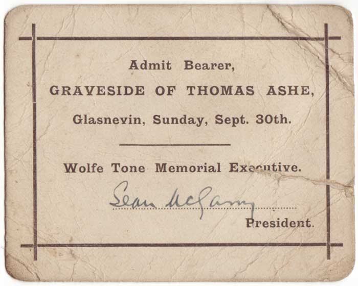 1917 FUNERAL OF THOMAS ASHE - TICKET TO GRAVESIDE by Thomas Ashe (1885-1917) at Whyte's Auctions