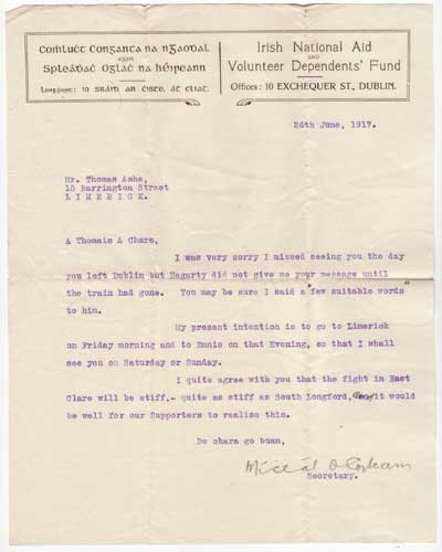 1917 (26 June) MICHAEL COLLINS LETTER TO THOMAS ASHE regarding East Clare election by Michael Collins (1890-1922) at Whyte's Auctions