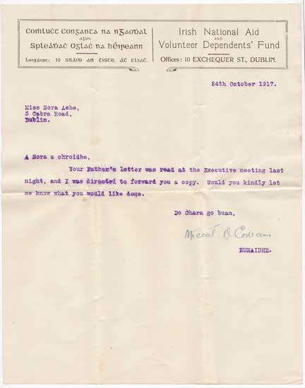 1917 (24 October) MICHAEL COLLINS LETTER TO NORA ASHE by Michael Collins (1890-1922) (1890-1922) at Whyte's Auctions