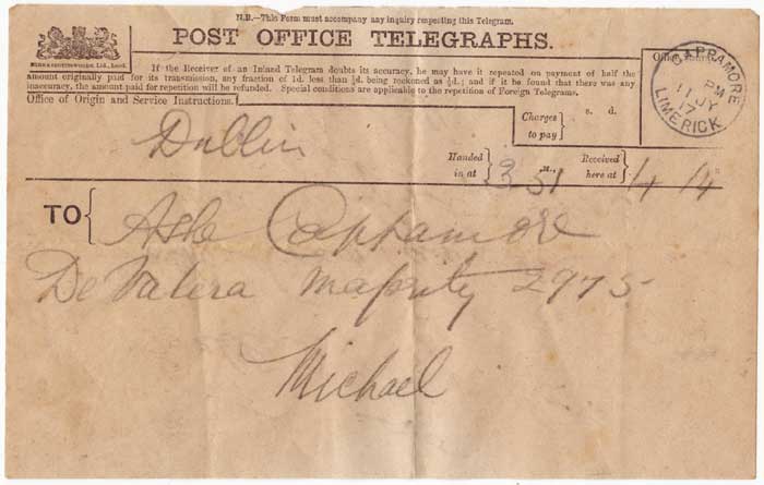 1917 (11 July) MICHAEL COLLINS TELEGRAM TO THOMAS ASHE by Michael Collins (1890-1922) (1890-1922) at Whyte's Auctions