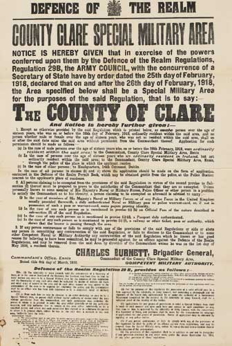 1918 (February 25) POSTER: DEFENCE OF THE REALM, COUNTY CLARE - special military area proclamation at Whyte's Auctions