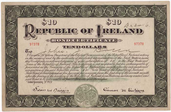 1920 REPUBLIC OF IRELAND 'DE VALERA' BOND CERTIFICATE at Whyte's Auctions