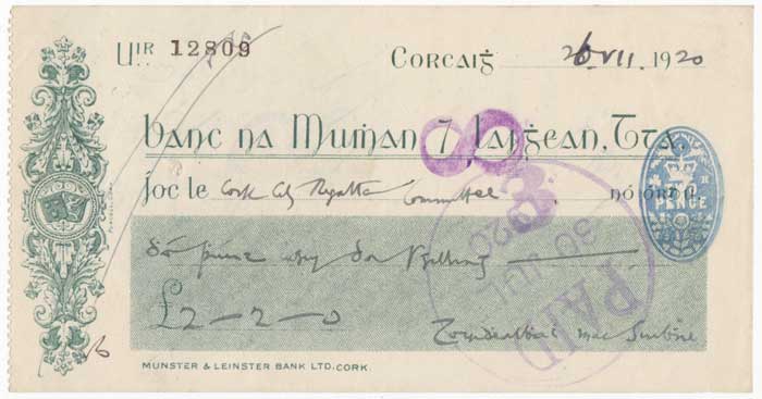 1920 TERENCE MACSWINEY SIGNED CHEQUE at Whyte's Auctions