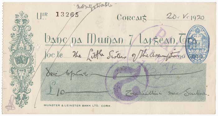 - ditto, a similar cheque WRITTEN AND SIGNED BY TERENCE MACSWINEY at Whyte's Auctions