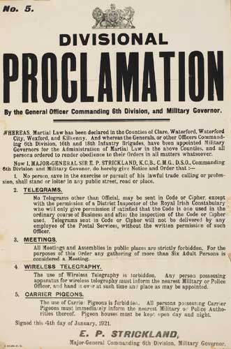 1921 POSTER: DIVISIONAL PROCLAMATION - martial law in Clare, Waterford, Wexford and Kilkenny at Whyte's Auctions