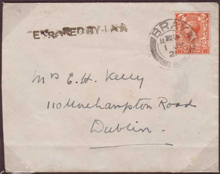 1921 (July 1): ENVELOPE POSTED IN BRAY TO DONNYBROOK, INTERCEPTED BY THE IRA AND CENSORED at Whyte's Auctions