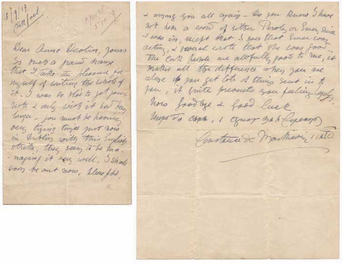 LETTER WRITTEN FROM CORK JAIL, 5 SPETMEBER 1919, TO ANNE DEVLIN at Whyte's Auctions