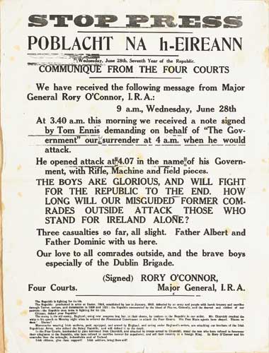 1922 START OF THE CIVIL WAR - POBLACHT NA H�IREANN COMMUNIQUE FROM THE FOUR COURTS at Whyte's Auctions