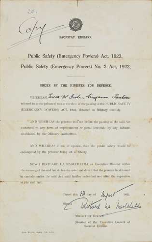 1923 CIVIL WAR INTERNMENT ORDER SIGNED BY GENERAL RICHARD MULCAHY at Whyte's Auctions