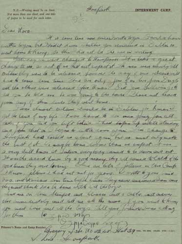 1923-24 Correspondence from Gregory Ashe in Curragh ("Tintown") Internment Camp to his sister by Gregory Ashe  at Whyte's Auctions