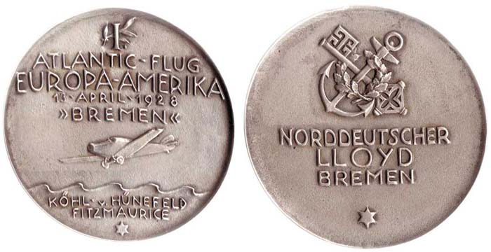 1928 FIRST EAST-WEST TRANSATLANTIC FLIGHT DUBLIN - NEWFOUNDLAND SPECIAL SILVER MEDAL at Whyte's Auctions