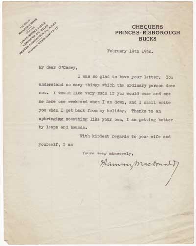 LETTERS TO IRISH PLAYWRIGHT Se�n O'CASEY, 1931-35 at Whyte's Auctions