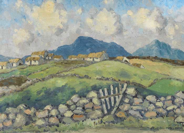 WEST OF IRELAND LANDSCAPE WITH STONE WALLS AND GATE AND VILLAGE BEYOND by Mabel Young sold for 7,700 at Whyte's Auctions