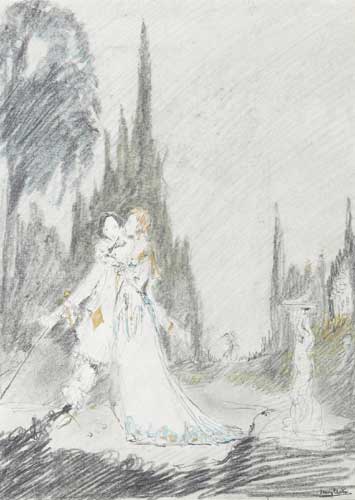 AN ELEGANT COUPLE IN A GARDEN by Harry Clarke sold for 3,600 at Whyte's Auctions