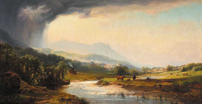 LANDSCAPE WITH A VIEW TOWARDS A TOWN AND GRAZING CATTLE IN FOREGROUND by John Faulkner RHA (1835-1894) at Whyte's Auctions