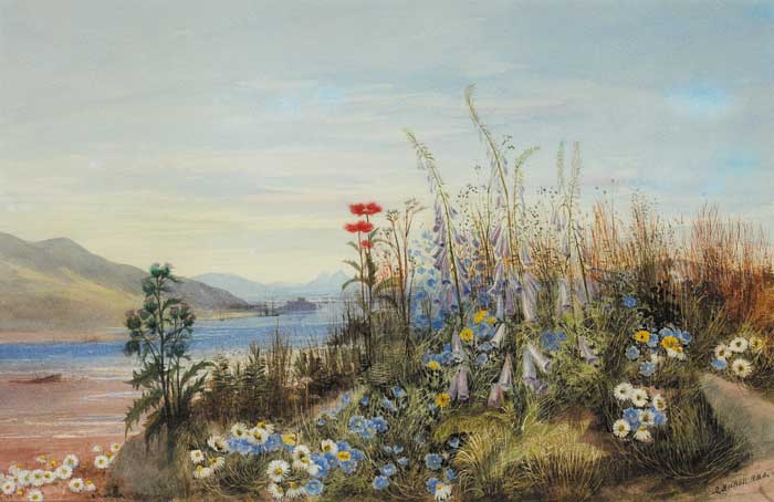 BANK OF WILD FLOWERS WITH VIEW OF A FORT,LOUGH AND MOUNTAINS IN THE DISTANCE by Andrew Nicholl sold for 11,500 at Whyte's Auctions