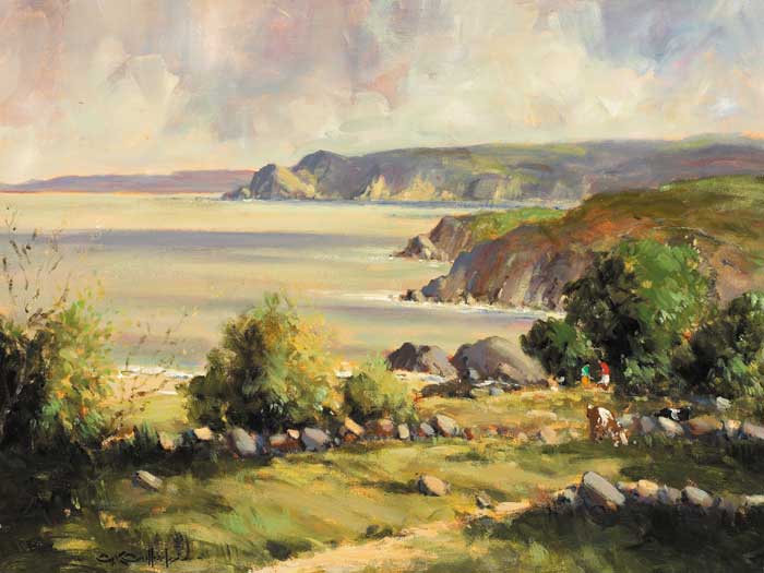 COASTLINE WITH CATTLE AND FIGURES IN FOREGROUND by George K. Gillespie RUA (1924-1995) at Whyte's Auctions