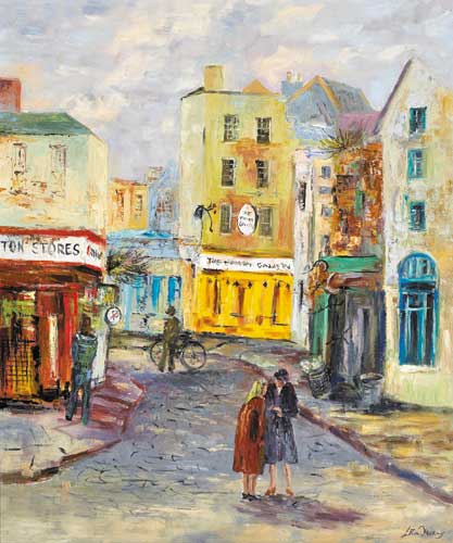 THE SUNDAY CHAT, ESSEX STREET AND EXCHANGE STREET, TEMPLE BAR, DUBLIN by Liam Treacy (1934-2004) at Whyte's Auctions
