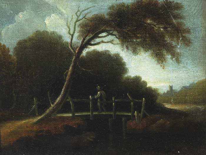LANDSCAPE WITH TRAVELLER CROSSING A WOODEN BRIDGE AND WITH A CASTLE BEYOND at Whyte's Auctions