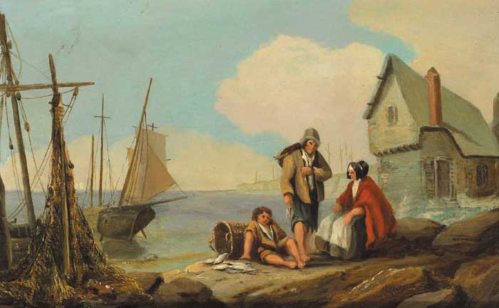 COASTAL SCENE WITH A FISHERMAN AND HIS FAMILY, BOATS AND NETS, AND HARBOUR WALL BEYOND at Whyte's Auctions
