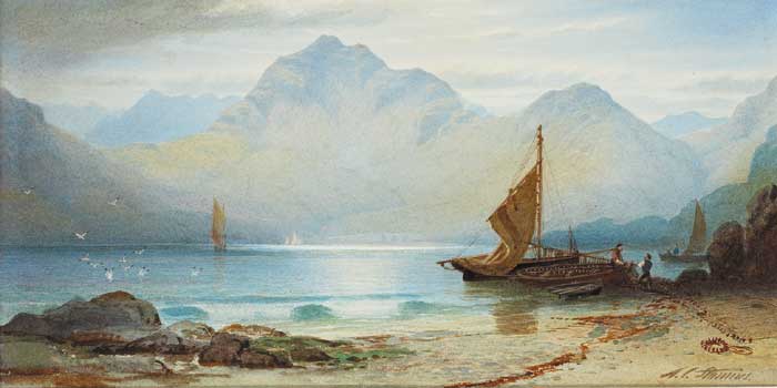 LAKE AND MOUNTAINS WITH FISHERMEN AND BOATS IN FOREGROUND by Anthony Carey Stannus (1830-1919) at Whyte's Auctions