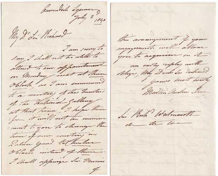 TWO LETTERS TO SIR RICHARD WESTMACOTT, 1813-40 by Sir Martin Archer Shee sold for �200 at Whyte's Auctions