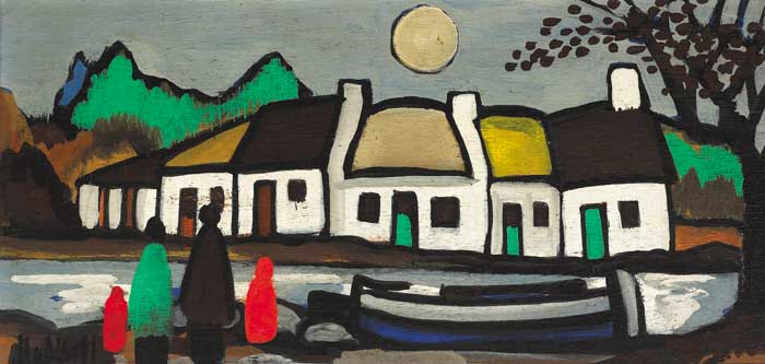 COTTAGES BY A RIVER IN MOONLIGHT by Markey Robinson (1918-1999) at Whyte's Auctions