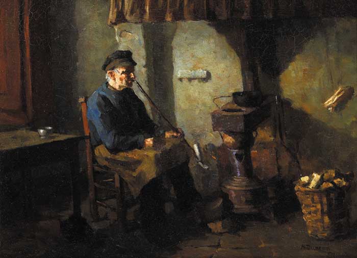 MAN SEATED BY A WOOD STOVE, SMOKING A PIPE, 1911 by Mary Duncan (1885-1964) (1885-1964) at Whyte's Auctions