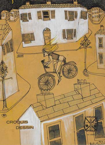 GIRL CYCLING THROUGH A TOWN, 1957 by Pauline Bewick RHA (b.1935) at Whyte's Auctions