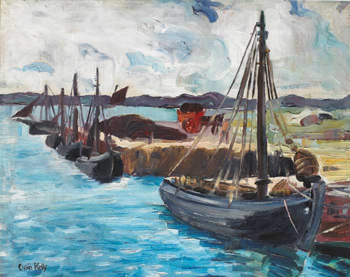 TURF BOATS MOORED BY A QUAY by Ois�n Kelly RHA (1915-1981) at Whyte's Auctions