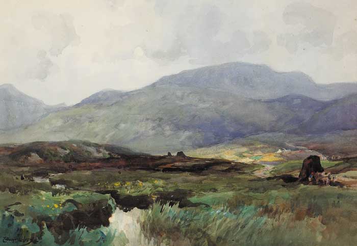 BOGLAND WITH TURFSTACKS by Frank McKelvey RHA RUA (1895-1974) at Whyte's Auctions