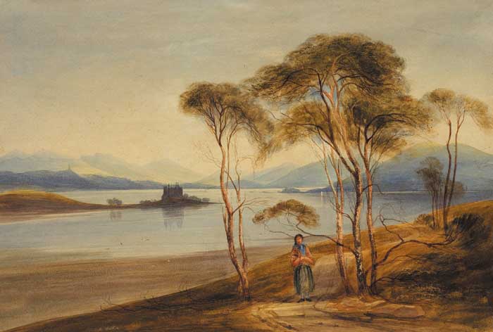 WOMAN ON A PATH BY A LAKE, CASTLE BEYOND by Andrew Nicholl RHA (1804-1886) at Whyte's Auctions