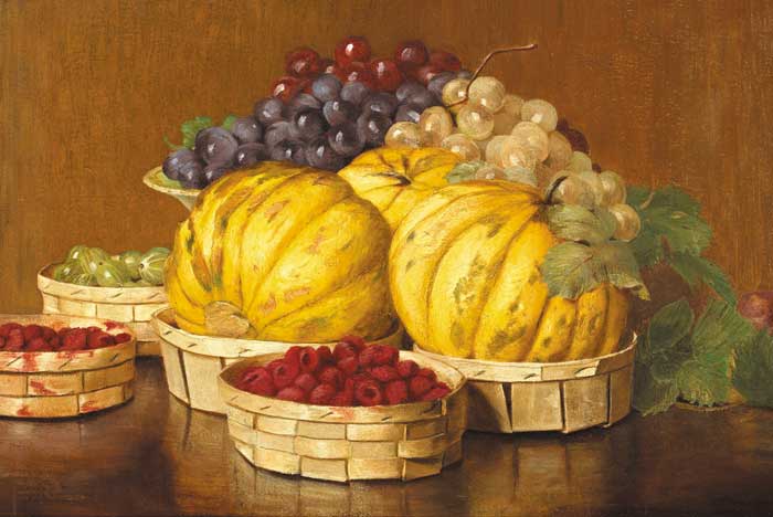 STILL LIFE WITH MELONS, RASPBERRIES AND GOOSEBERRIES by St George Hare RI ROI (1857-1933) at Whyte's Auctions