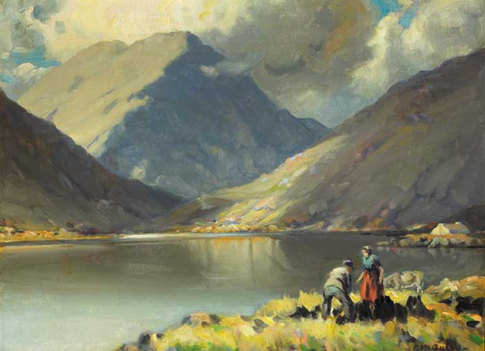 STACKING TURF BY THE LAKE by Charles J. McAuley RUA ARSA (1910-1999) at Whyte's Auctions
