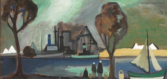 SHIPS AND BOATS WITH FIGURES ON SHORE by Markey Robinson (1918-1999) at Whyte's Auctions