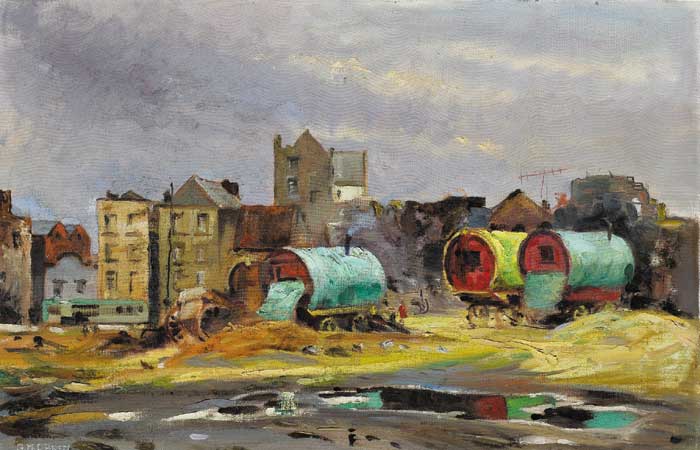 GYPSY CARAVANS ON THE EDGE OF A CITY by Geraldine O'Brien (1922-2014) at Whyte's Auctions