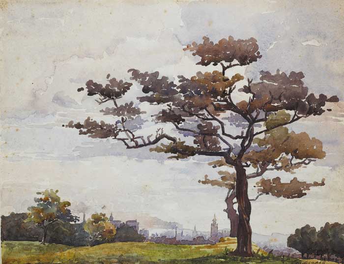 LANDSCAPE WITH TREE AND VIEW OVER A CITY by E. Lindegaard (20th century) at Whyte's Auctions