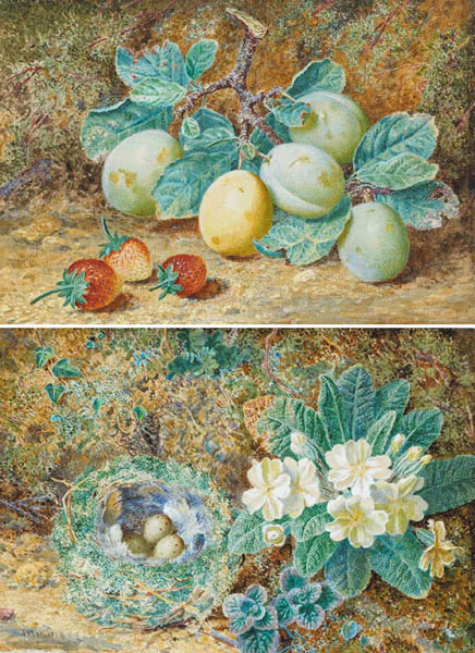 STILL LIFE WITH PLUMS AND STRAWBERRIES, 1880 and BIRDS NEST WITH PRIMROSES, 1880 (A PAIR) by Thomas Frederick Collier (1825-1885) at Whyte's Auctions