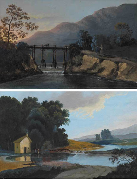 TRAVELLERS ON A WOODEN BRIDGE ACROSS A RIVER GORGE and COTTAGE AND FIGURES BY A RIVER BEND (A PAIR) at Whyte's Auctions